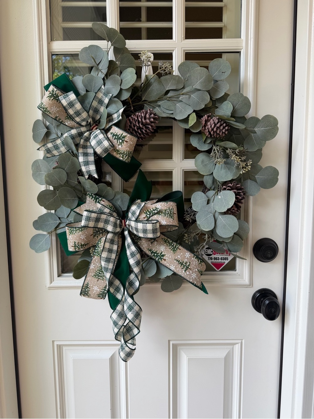 Green Eucalyptus & Pinecone Holiday Wreath with Dark Green Plaid Bows